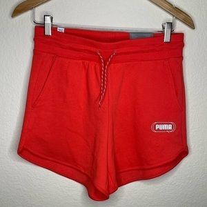 𝅺nwt Puma Women’s Rebel High Waist Shorts Pull On Drawstring Neon Orange Small